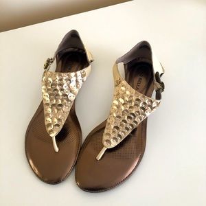 Shimmery metallic gold + cream sandals